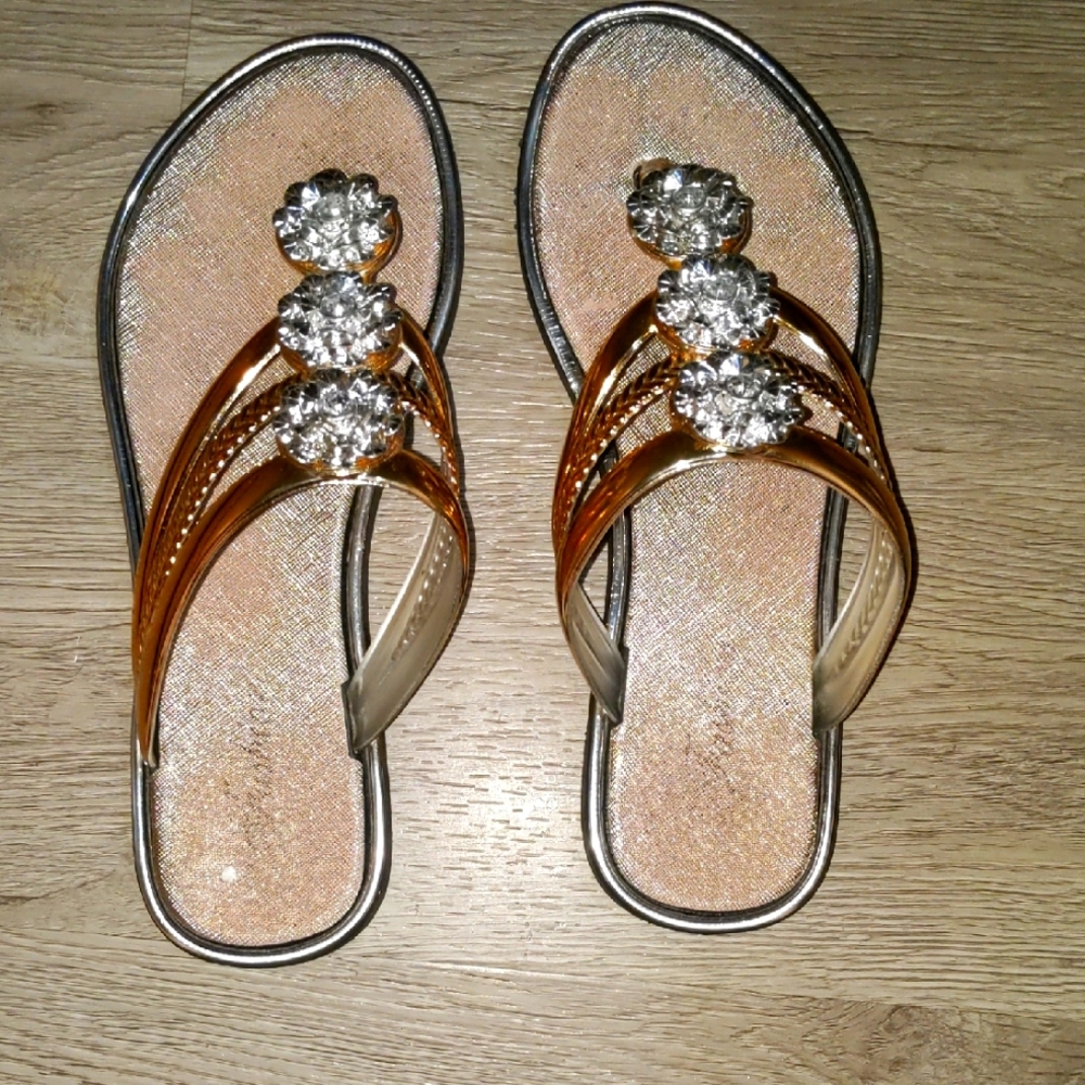 Nine West Gold and Cream Sandals with Rhinestone Embellishments